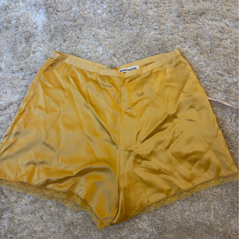 Reformation Yellow Satin Shorts w Lace trim